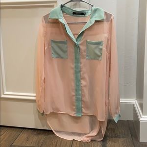 Mint green and pink sheer blouse